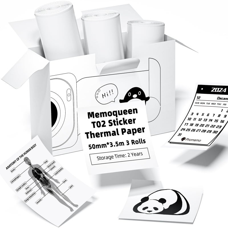 Memoqueen T02 White Adhesive Thermal Paper  Sticker Paper Printer Paper  1.96"" x 11.4' (50mmx3.5m/Roll)  Compatible with T02 M02X M02L  Black Text  Keep for 2 Years  3 Rolls - Image 1